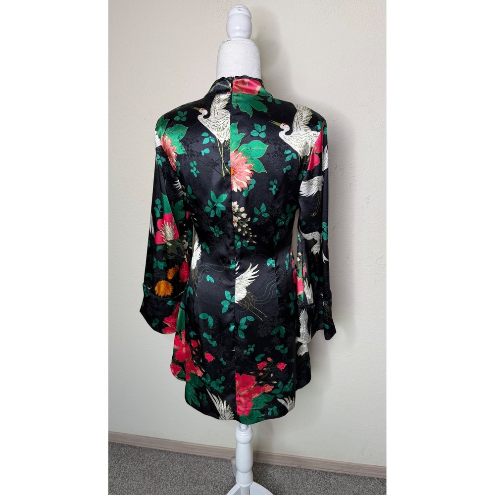 Zara Oriental Crane Floral Satin Mini Dress Large Cheongsam Qipao Mandarin - Picture 4 of 16